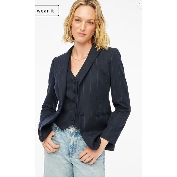 J.Crew Womens $228 One Button Blazer in Pinstripe Navy Size 4 CB442
